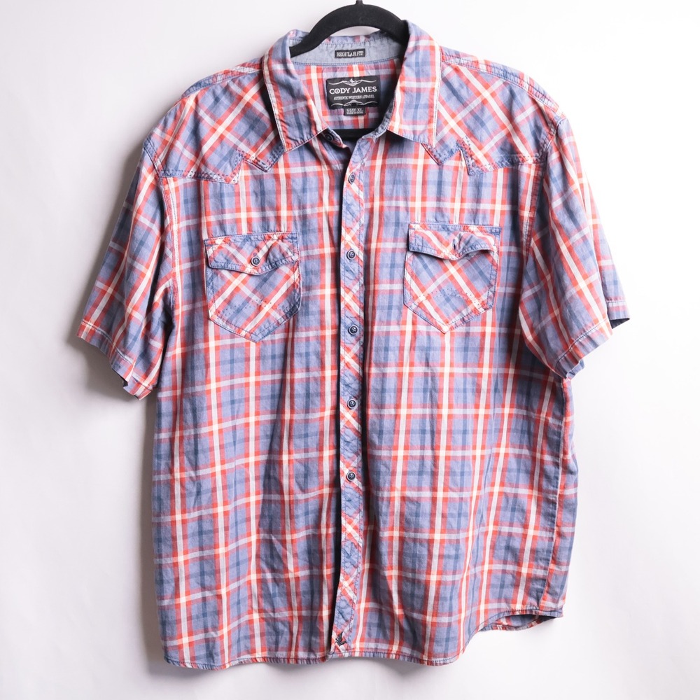 Cody James Mens XL Red White Blue Plaid Short Sleeve Western Pearl Snap Top
